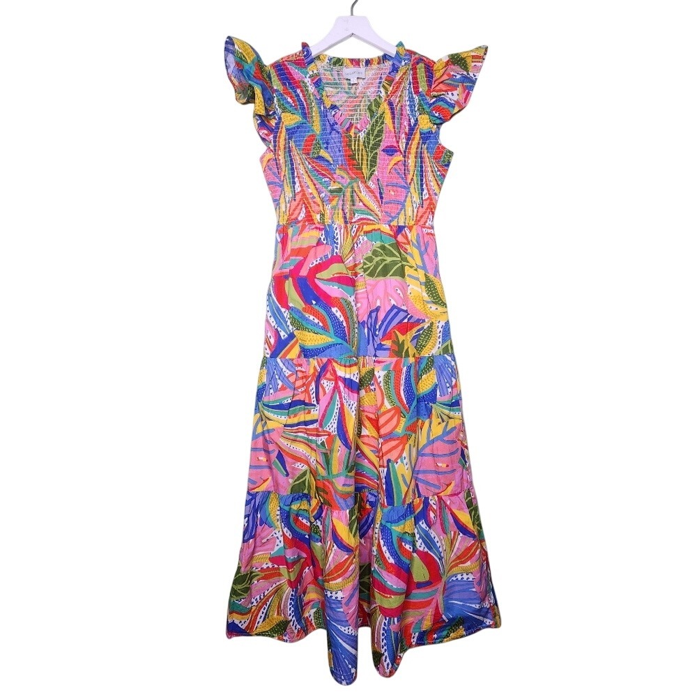 Sugarlips Smocked Yellow Pink Tropical Print Flutter Sleeve V-Neck Dress Boho S